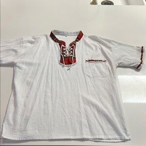 Men's White Guyabera Shirt with Red Accents